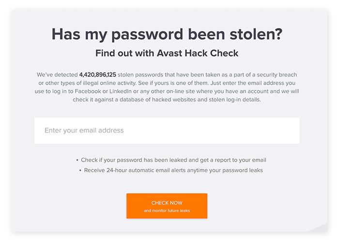 Avast HackCheck是一个快速、免费的资源，用于检查你的信息是否泄露。