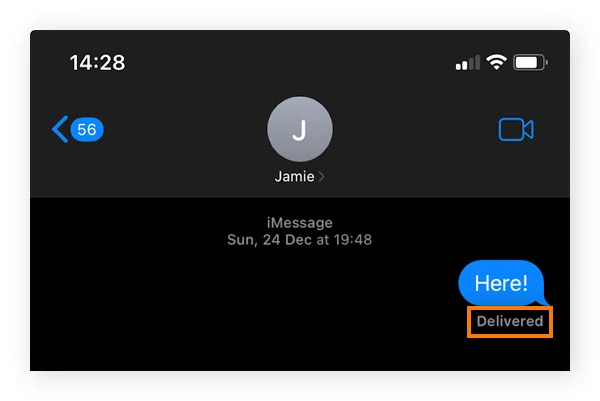 iMessage显示简讯送达状态的范例。