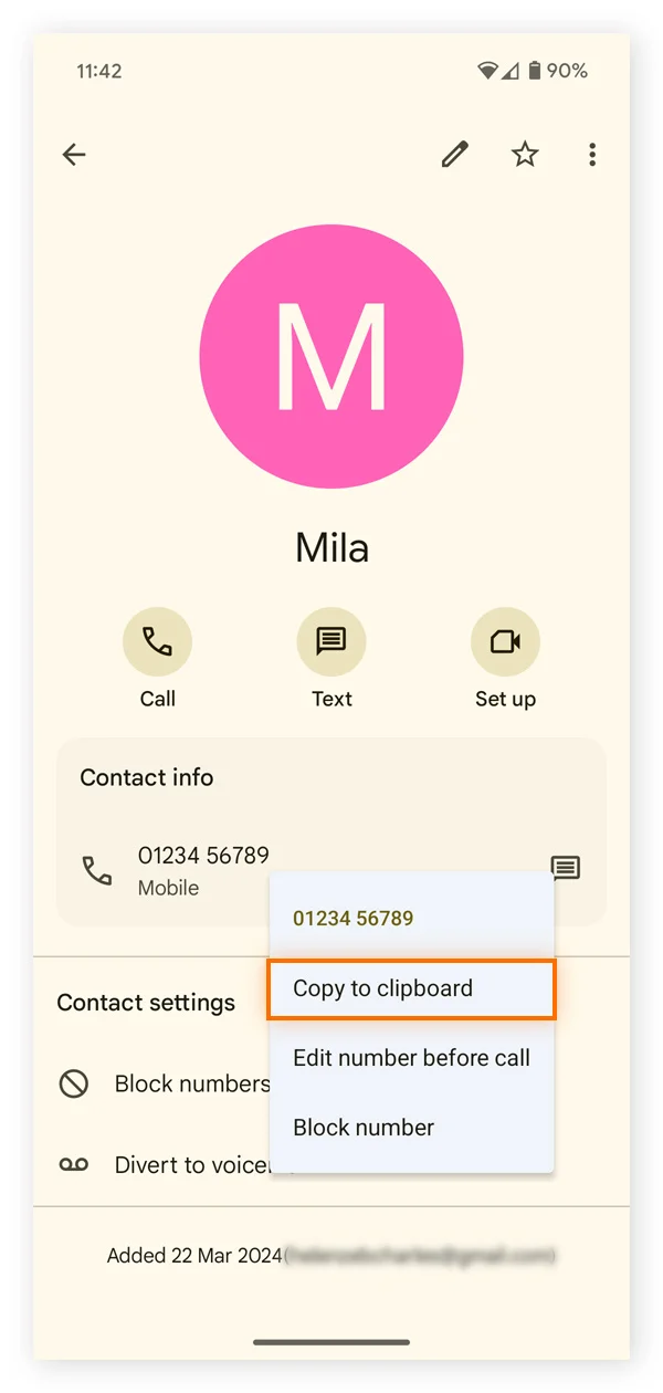将联络人号码从Android复制到剪贴板。