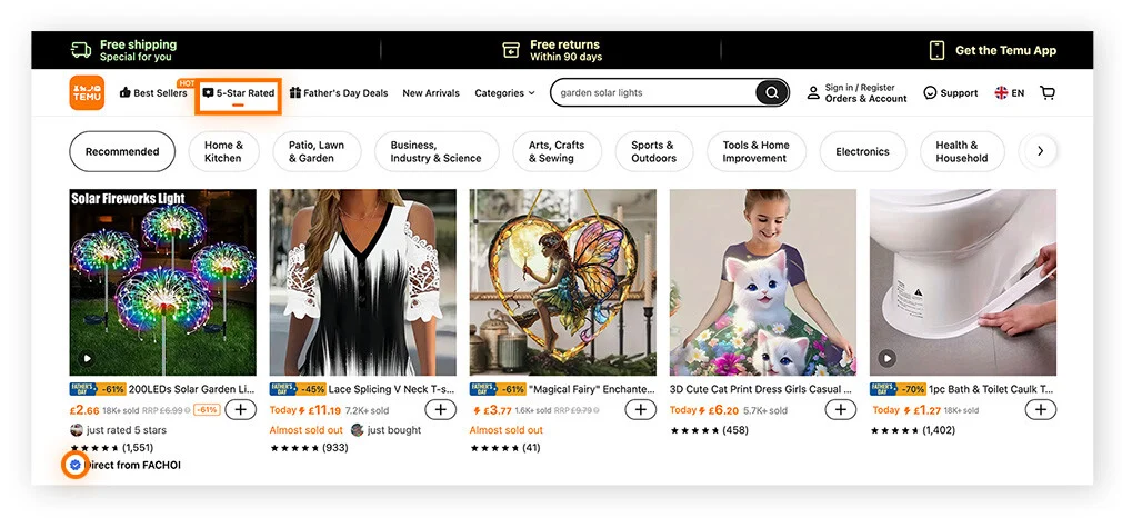 Temu.com 5星评价页面,并强调了已验证卖家的勾选标志。