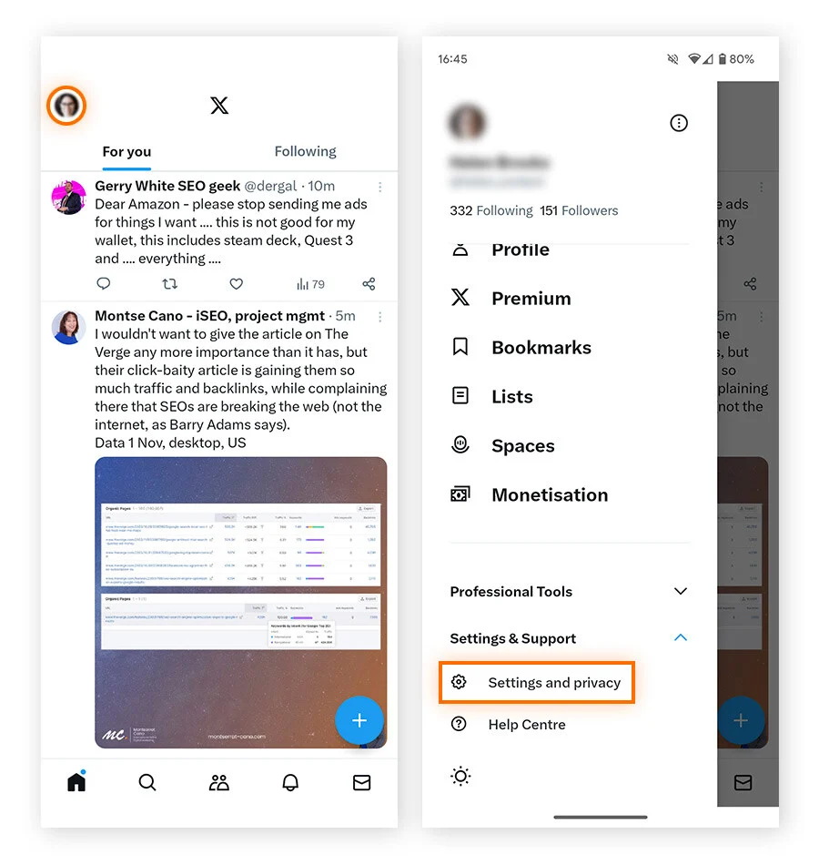 点击您的帐户图标,然后转到设定与支援,再选择设定与隐私。